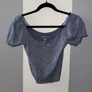 Blue Floral Print Short Sleeved Top